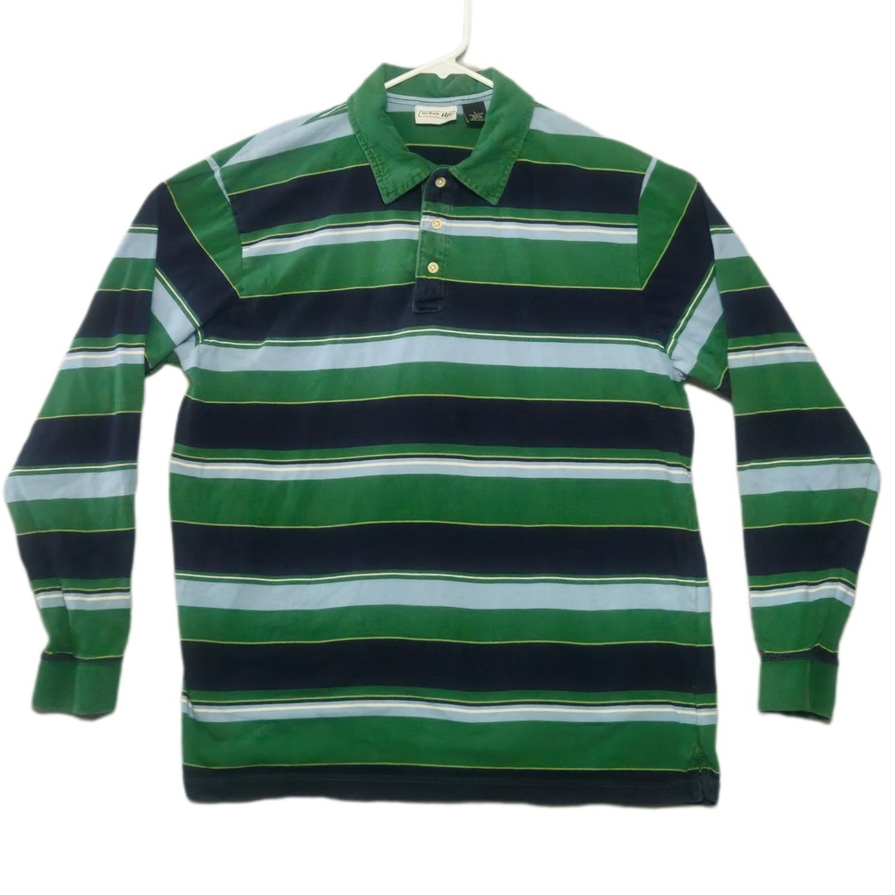 URBAN UP PIPELINE Mens L Vintage Y2K Green Navy Rugby Style Long Sleeve Polo